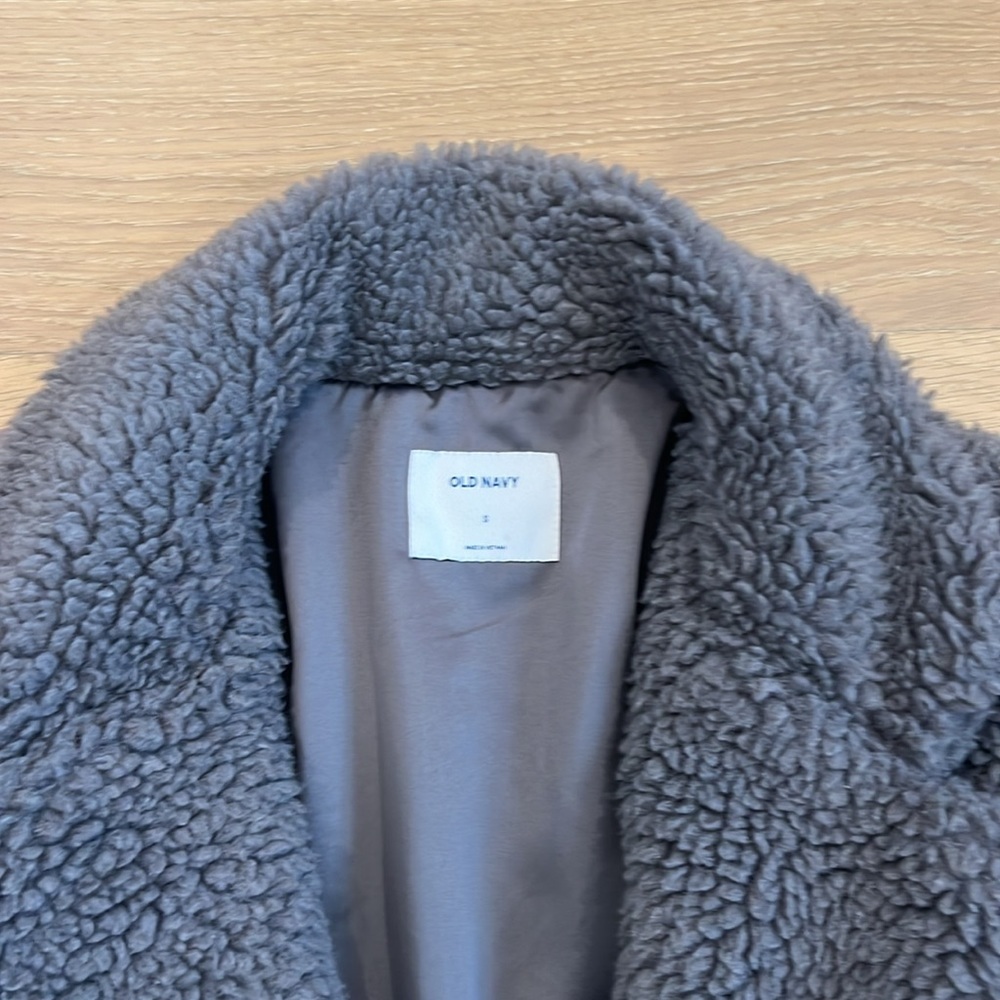Old Navy Gray Teddy Sherpa Long Line Winter Button Down Pea Coat Size Small - Picture 3 of 5